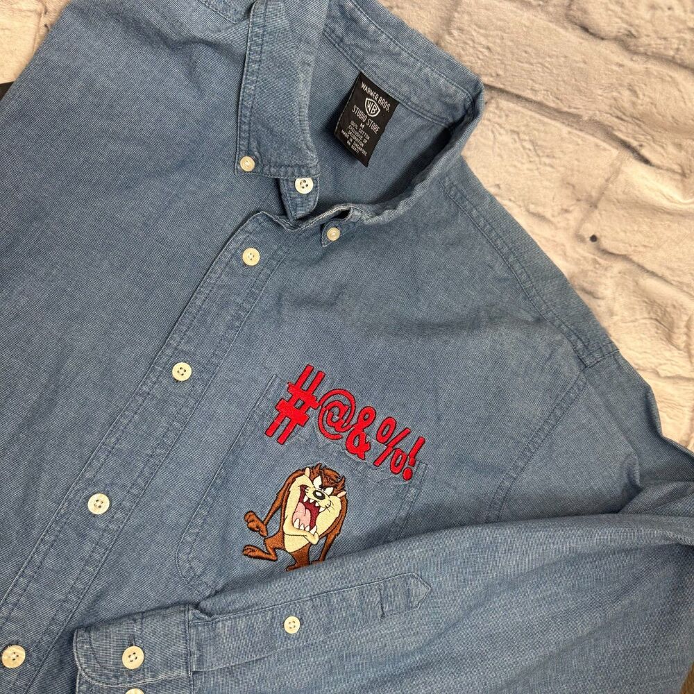 VTG Looney Tunes Taz Denim Men's Medium LS Shirt  Warner Bros Studio Store